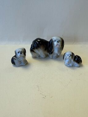 Set of Vintage Ceramic Pekingese Mother Dog And 2 Puppy Figurines.